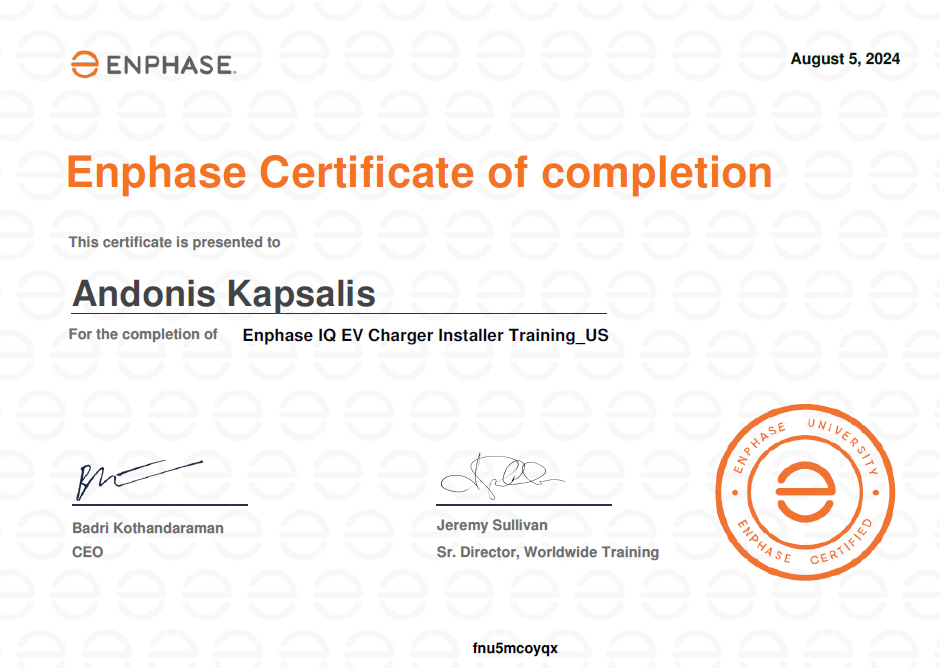 Enphase IQ EV Charger Installer Training Certificate